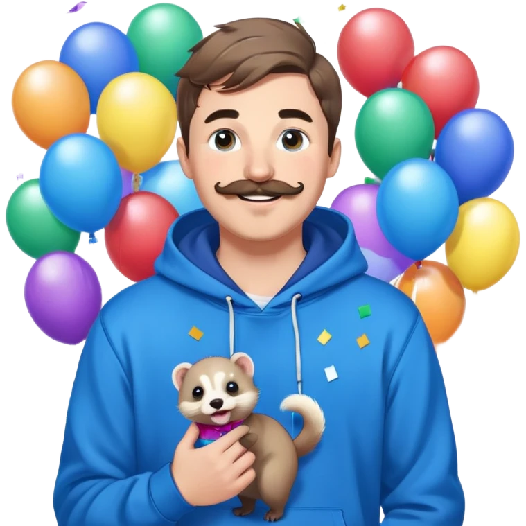 Mr. Beast wearing a blue hoodie, ferret mustache, small light beard, big friendly smile, standing in front of a colorful, fun background with confetti and balloons emoji