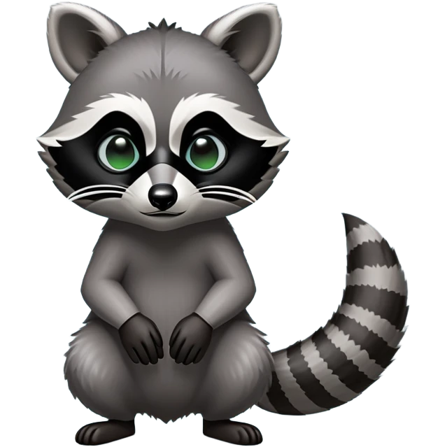 Cinematic-Raccoon-Realistic-hunched Full-Body on all fours-Emoji – Tail flicking lazily, head tilted dramatically, thick grey fur with a signature black mask, sharp and alert ears, simplified yet realistic focused features, highly detailed, glowing with an almost sarcastic glow. emoji