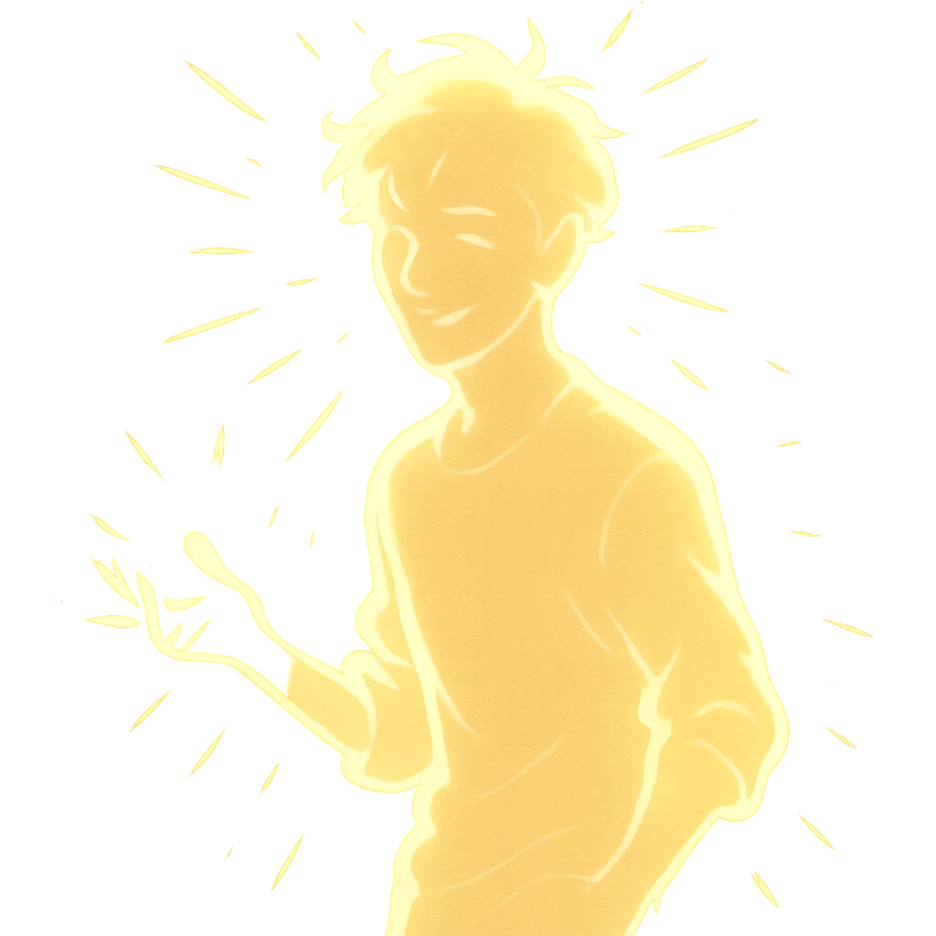 radiant young man with a soft glow and captivating energy, symbolizing lighthearted chaos and allure, in a minimalist silhouette emoji