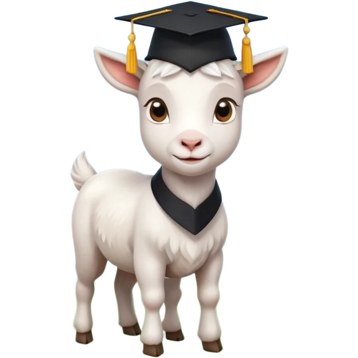 cute white goat standing on green grass, wearing a black graduation cap, bright daylight, soft blue sky background, proud and confident expression emoji