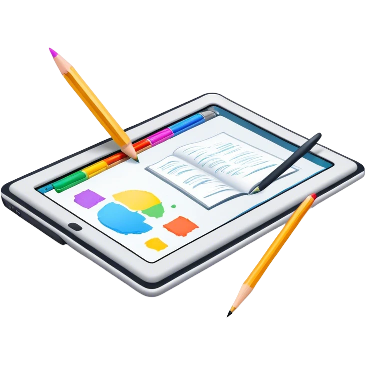 Colourfull Illustration icon, pencil, paintbrush, gel pen, graphic tablet or monitor with digital illustration, open book with sketches, minimalistic style, clean lines, transparent background. emoji