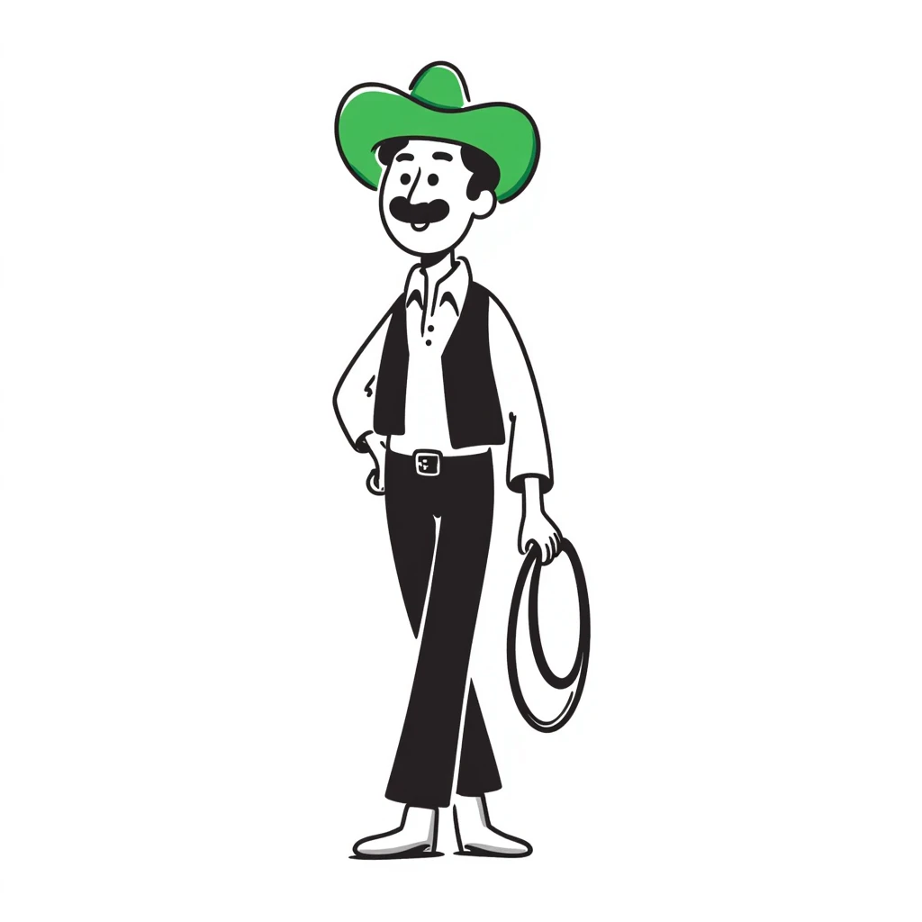 Cowboy wearing a bright green hat with no star, lasso in hand, western outfit emoji