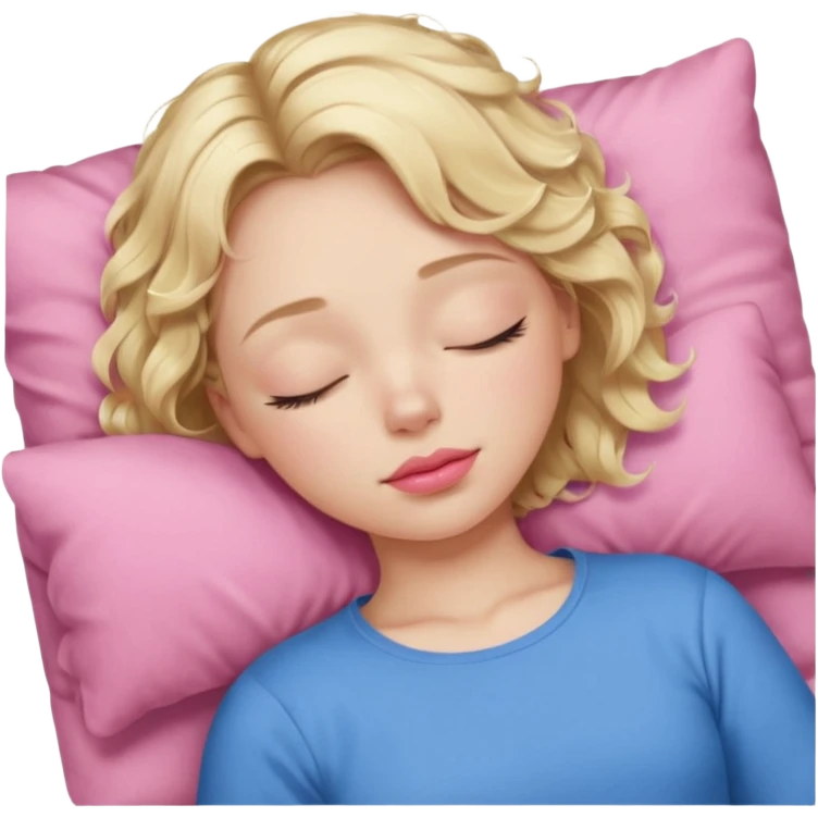 Girl Blonde short wavy hair,  blue eyes, cute blue top, long lashes, pink lips, sleeping eyes closed, catching zzzz  emoji