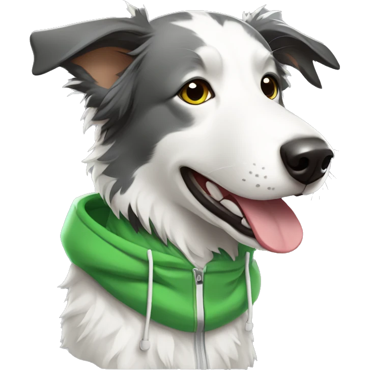 gray and white border collie with a green hoodie wearing headphones side profile emoji