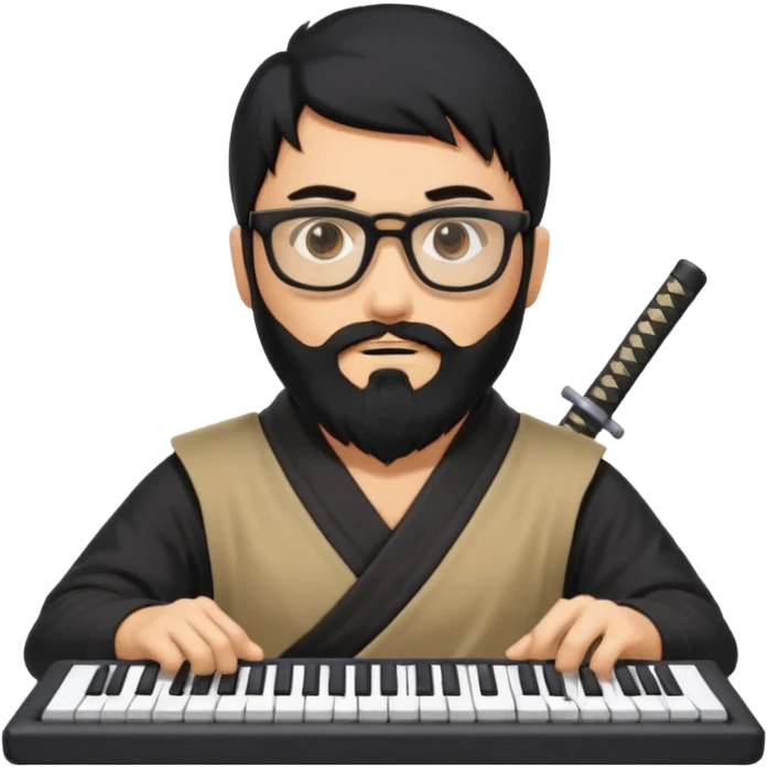Man with black hair and beard wearing glasses in a ninja costume. Keep the top left version, make the beard longer and replace the sword with a keyboard  emoji
