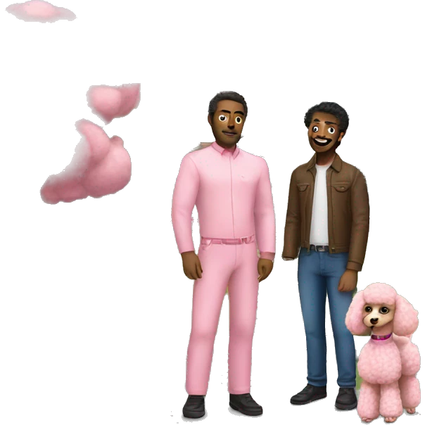 Two husbands with a pink poodle in front of a house emoji