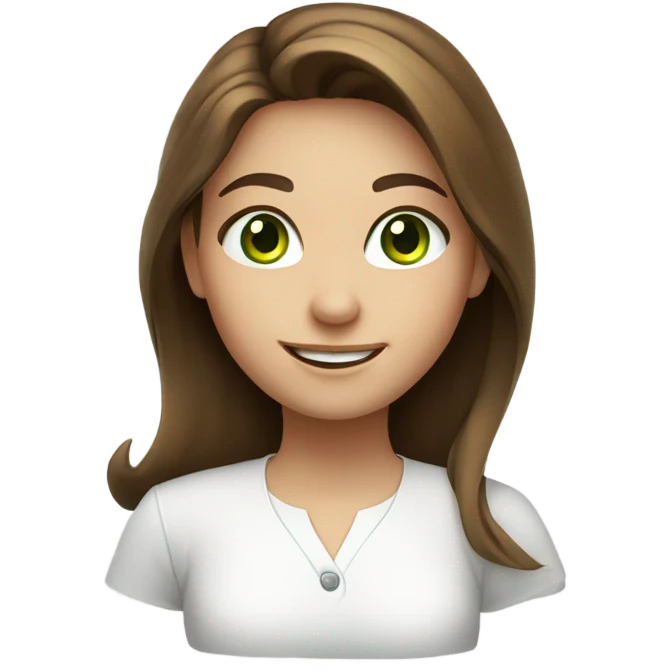 smiling girl with brown hair in white shirt green eyes emoji