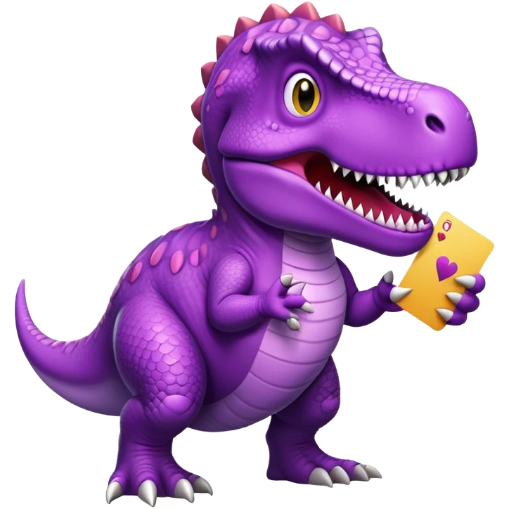 Purple t-Rex holding collectable cards emoji