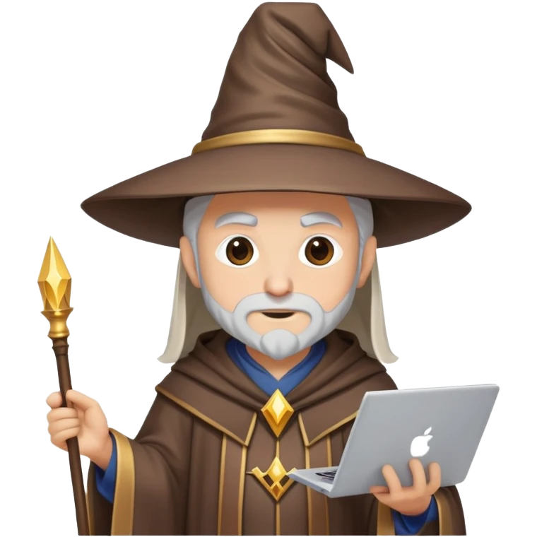 A wizard with a pointed hat and robe using a computer, tech wizard emoji