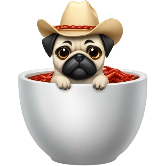 Pug with a bowl of chili riding a husky cowboy hats emoji