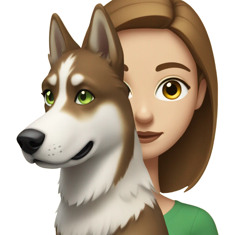 White Woman hair brown and bleus eyes and golden Husky With green eyes emoji