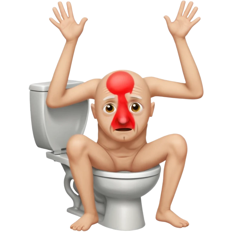 A bald person who’s very old is staring, he’s inside a toilet and his head is upright and looking at the camera with very wide eyes and his hands are putting pressure on his head, very scared expression and he’s twerking emoji