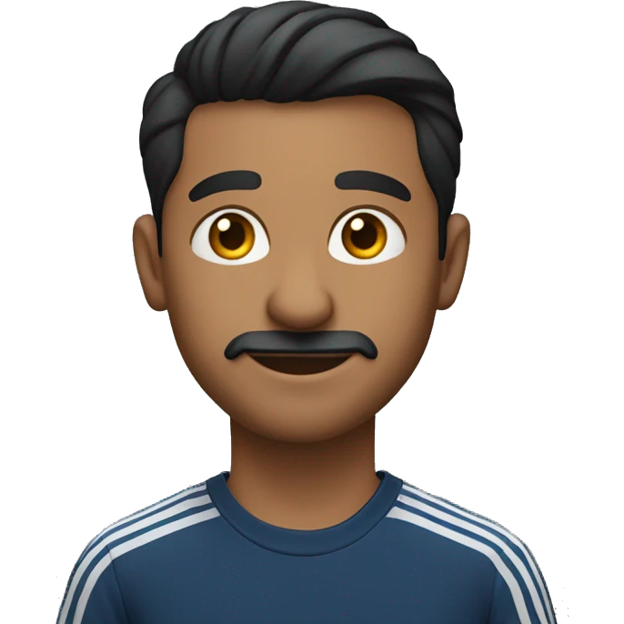 generate me an emoji of an Indian man in a dark blue shirt and black Adidas pants with the 3 stripes sitting in a school desk with his hands in his pocket emoji