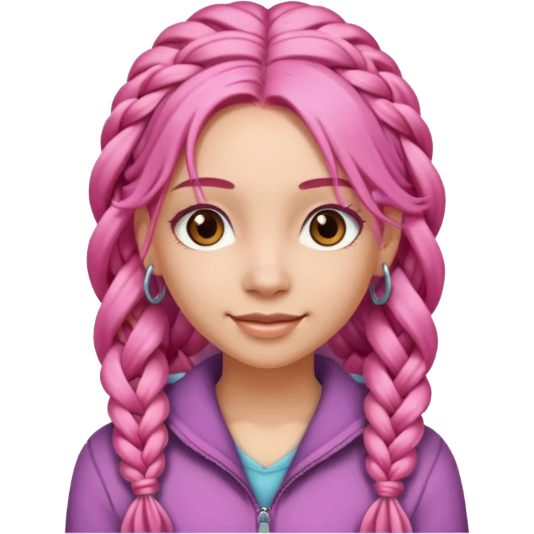 A light-skinned woman with long pink hair styled in braids, brown eyes, and a gentle smile. emoji