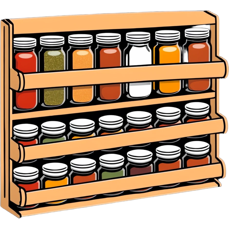A wooden spice rack with various labeled jars of spices emoji