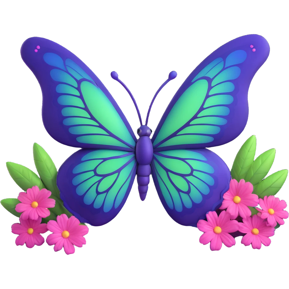 magical butterfly with #c0ff53 green wings, deep purple trim, glowing softly, detailed veins, layered textures, pink flowers blooming on wing edges, surrounded by pink dust cloud, sparkling dust, mystical light bursts, pastel orbs, deep blue elegant body, 3D cartoon, fantastical emoji