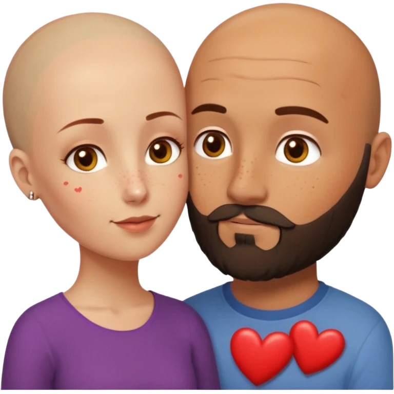 Couple. Bald man with dark brown-black beard. Woman with many small, faded, round freckles, white skin and she has auburn-yellow-brown-caramel-cinnamon dark hair. She has light yellow-brown eyes. He have hazel eyes. They look at each other. Many small red hearts around them. emoji