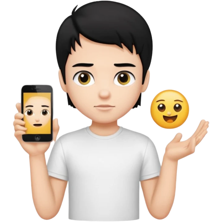 generate a pretty bratz emoji of a boy with black hair wearing a white tshirt and holding a cT emoji