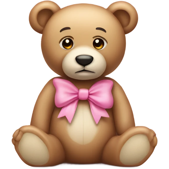 Beige teddy bear with innocent eyes wearing a pink bow on its right ear emoji