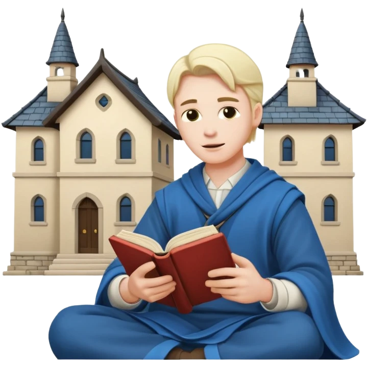 a man in clan clothes reads a book and twists a building in his hand  emoji