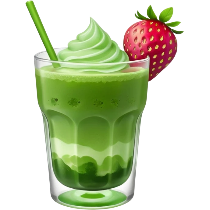 ice matcha in pretty glass with strawberry jem on bottom  emoji