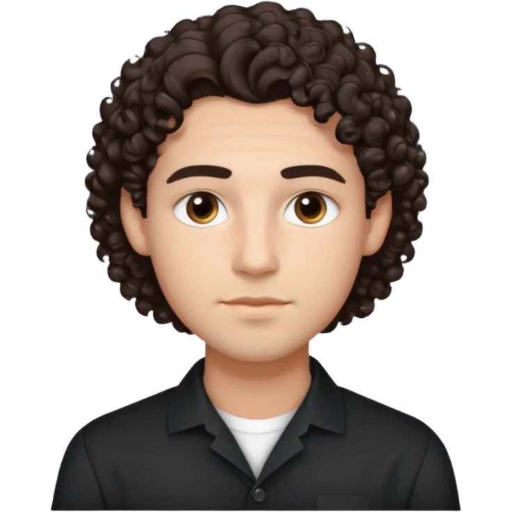 He’s a young man with light to medium skin, a defined oval face, full brows, deep-set eyes, and voluminous curly dark brown hair styled with height. expression calm and focused relaxed black open-collar shirt.polished, articulate, and professional vibe. emoji