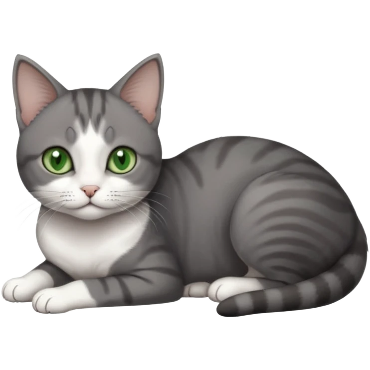 full body tiny short hair dark grey and white cat with white front legs and green  eyes lying down emoji