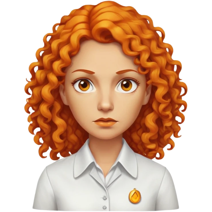 nữ 40 tuổi, da vàng, tóc dài xoăn màu cam, mặt nghiêm túc, áo trắng ko có cổ emoji
