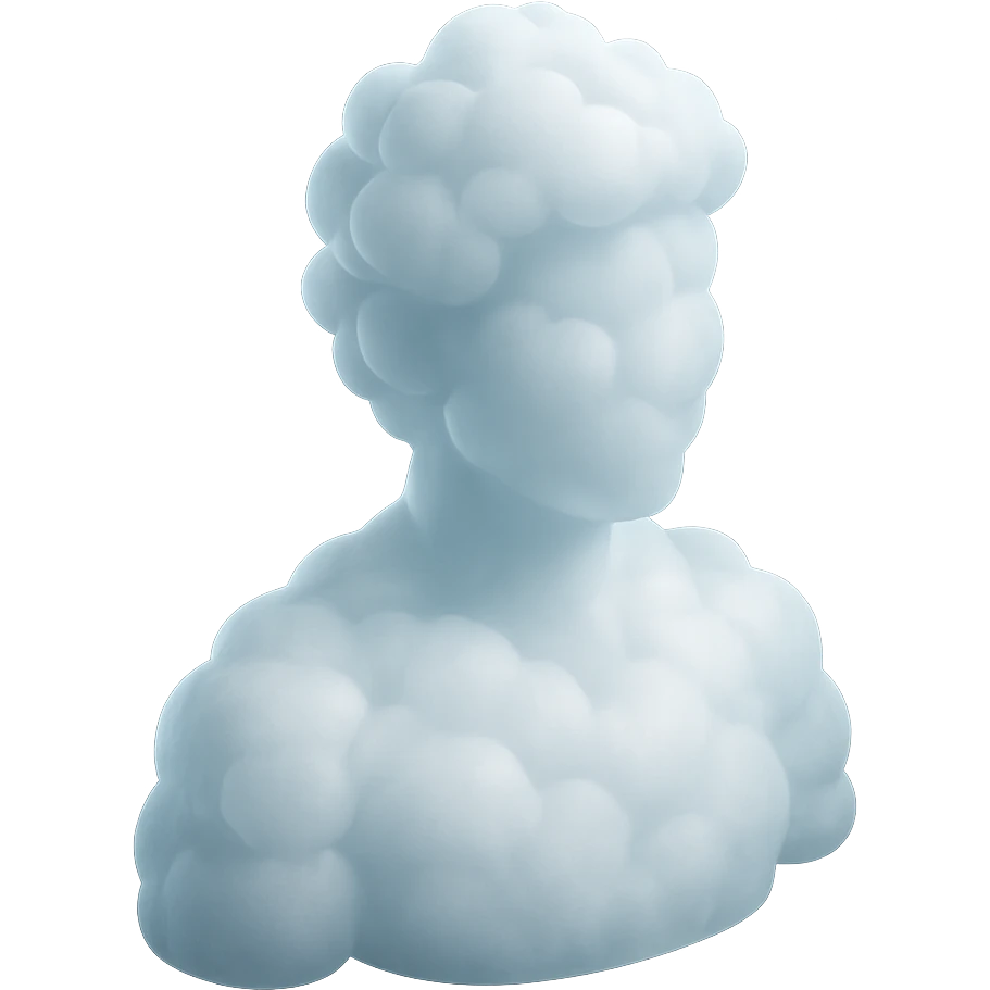 shoulder-up person fully made of white fluffy convex clouds, matte glass style, volumetric and soft clouds, airy and light appearance, clouds with slight transparency, no background emoji