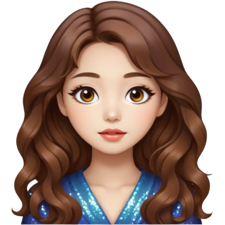 “korean brown hair Emoji girl, soft eyeliner, gradient lips, light brown shimmer eyeshadow, sparkly aegyo-sal, long wavy hair,  emoji