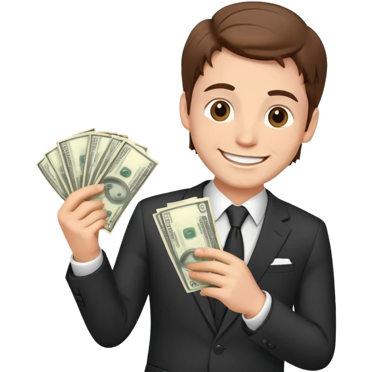 white male in a suit with money in his hand, smiling expression, happy face, brown hair emoji