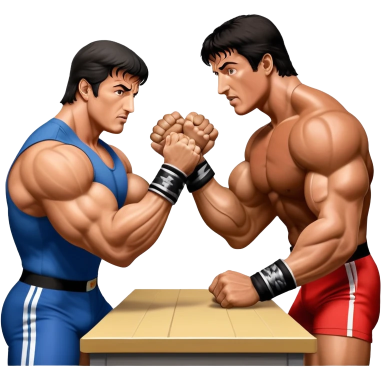 Iconic scene from the movie Over the Top, featuring Sylvester Stallone in a fierce arm wrestling match, symbolizing powerlifting. Stallone flexes his muscles while gripping the arm of his opponent, the intense battle for strength showcased with dramatic lighting. Transparent background. emoji