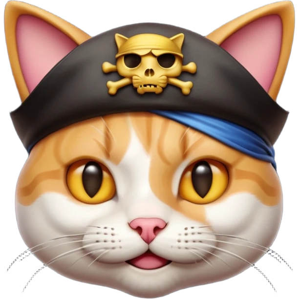 Premium 3D emoji icon of cat, pirate theme, high detail, glossy finish, claymorphism style, soft studio lighting, isolated on white background, 8k resolution, stylized professional look --v 6.0 emoji