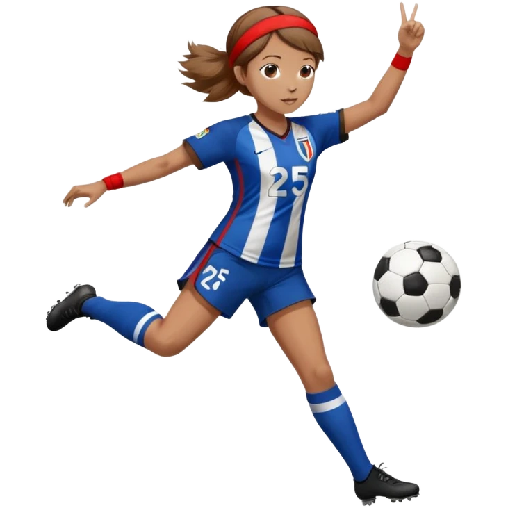a girl with semi light brown hair with a number 25 jersey kicking a soccer ball in a blue and black striped uniform with a red headband that says Victory. emoji