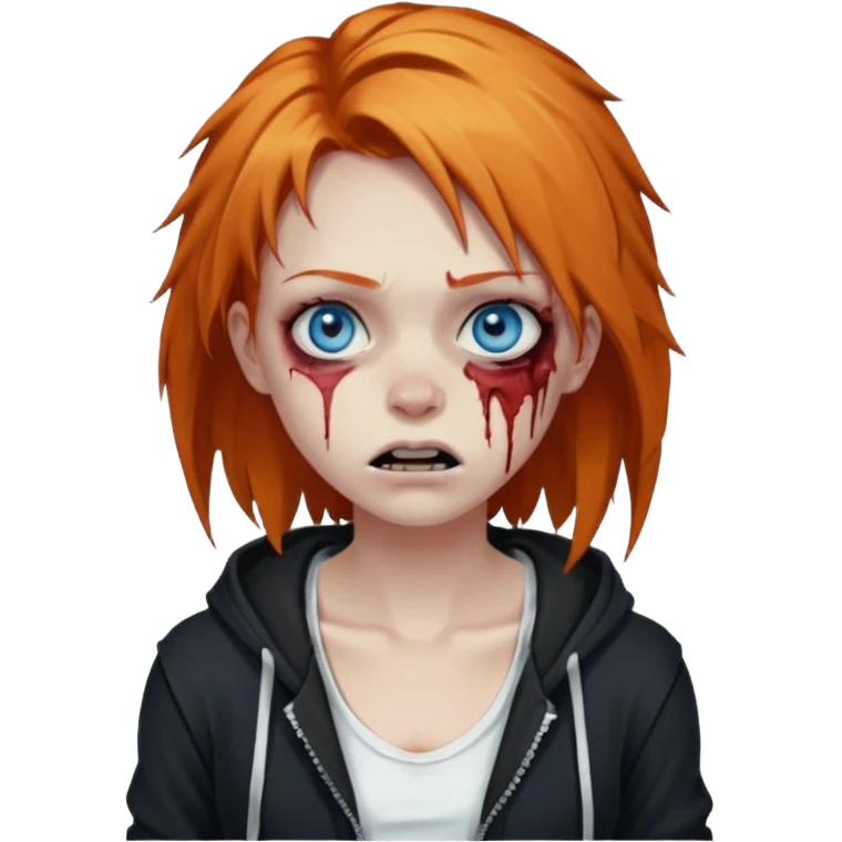 сделай рыжую девушку зомби с избитым лицом, не в полный рост, пусть ее рыжие волосы будут ниже груди с осветленными прядями, глаза у нее будут голубые, а одета она будет в дранную белую майку и черную зип худи emoji