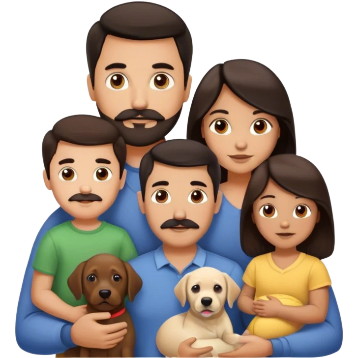 A white family with 3 kids. Dad has sark eyes, dark hair, moustache and beard, mom has long dark hair and grey eyes. Oldest boy has dark hair and eyes, middle girl has brown hair and grey eyes and youngest child is a baby. They also have a labrador emoji