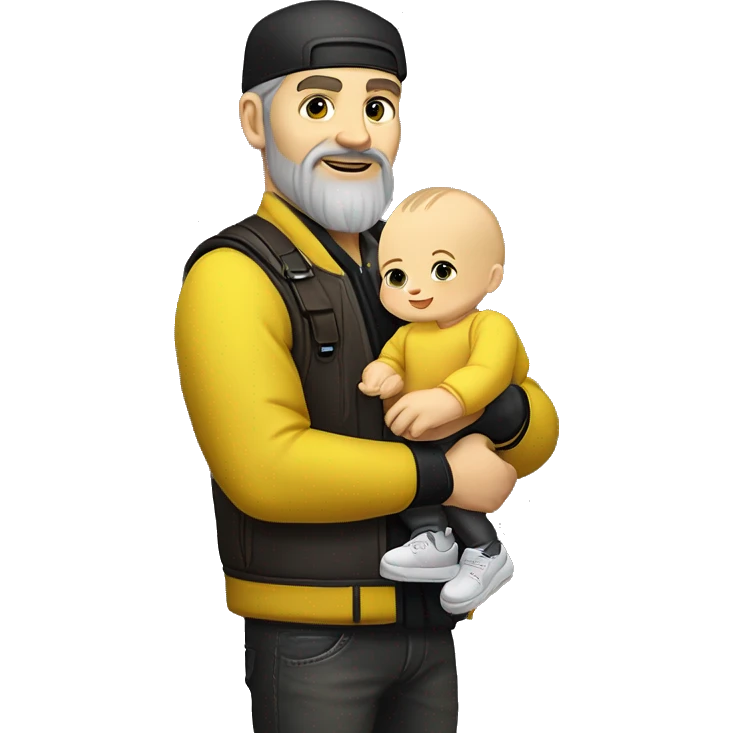White-skinned slavic man with stubble, gray beard, brown hair, black eyes, black Reebok cap, leather jacket, holding infant slavic baby girl in yellow dress with yellow bow. emoji