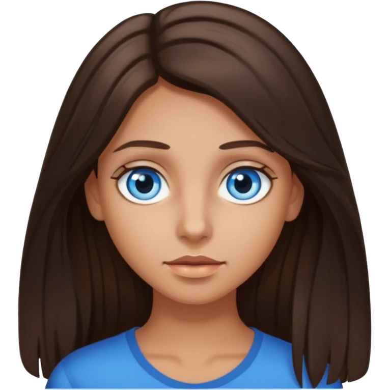 long dark brown hair with highlights in the front, big blue eyes clear taned skin emoji
