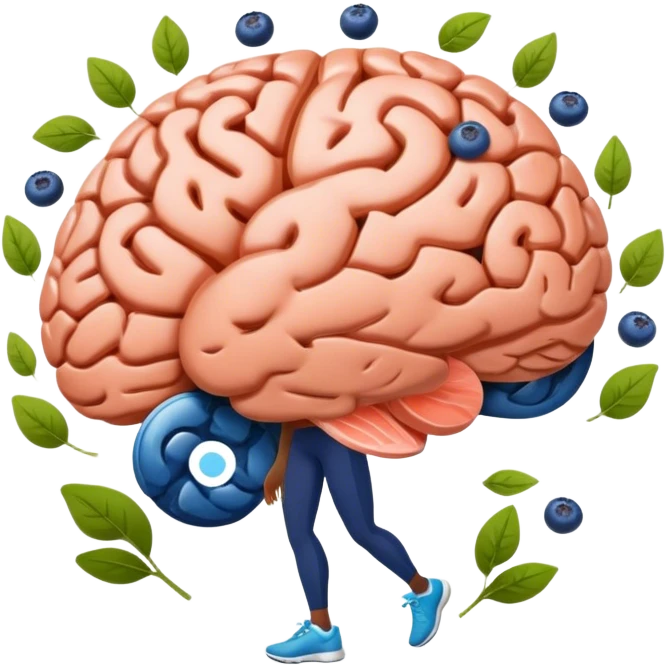 brain surrounded by healthy lifestyle choices, exercising, salmon, dark chocolate, blueberries, seeds, leafy greens . brain booster emoji