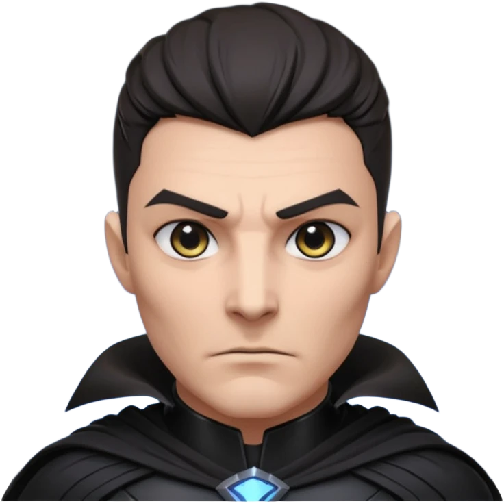 dark sci-fi villain portrait, head and shoulders only, black armor, cape collar, intense eyes, dramatic lighting, 3D cartoon, mobile game icon, clean background, no text
 emoji