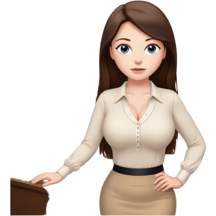 sexy woman brunette, very large breasts, pale skin, blue eyes, long brown hair, tight white blouse, short black skirt. office.  emoji