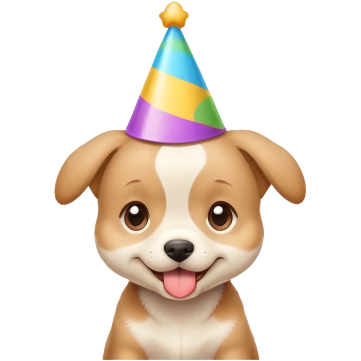 Cute puppy with a silly expression wearing a tiny party hat emoji