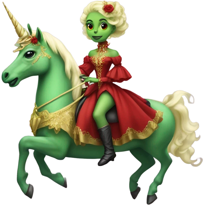 "galora green blonde alien woman" in red Victorian elegant dress, full body, rides unicorn gold and white
 emoji