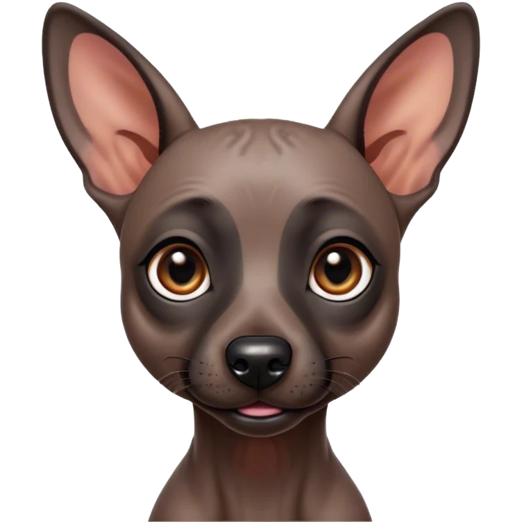 Cinematic Cute Xoloitzcuintle dog Portrait Emoji, Head tilted playfully and inquisitively, featuring smooth, hairless ebony skin with distinctive, artistic wrinkles, round, sparkling dark eyes filled with curiosity, Simplified yet irresistibly adorable features, highly detailed, glowing with a warm, friendly glow, high shine, affectionate and spirited, stylized with a touch of whimsy, bright and endearing, soft glowing outline, capturing the essence of a mischievous yet loving companion, so playful it feels like it could trot out of the screen and into your arms! emoji