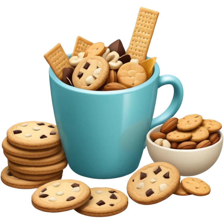 3D minimal icon with a variety of snacks (chips, cookies, crackers, nuts) arranged abundantly, plus a small neutral cup (not a soda cup). Include a subtle accent in #FF3D00. Clean and modern style. emoji