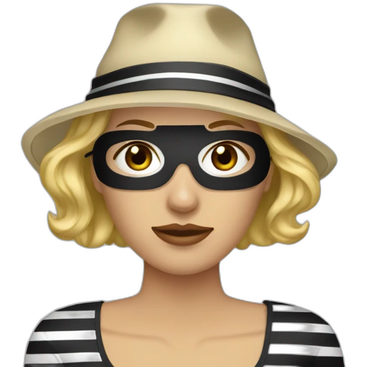 bank robber blonde woman with black hat eye mask and striped shirt emoji