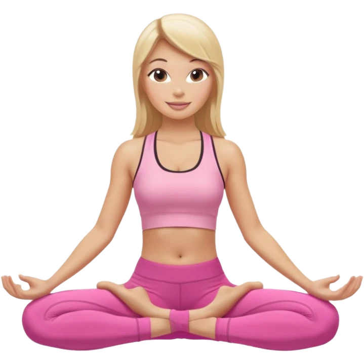 Mujer color de piel moreno con cabello rubio suelto y lacio y largo, que tenga gloss en los labios y se vea usando Blush rosita, usando un top rosa deportivo y leggins deportivo rosa en una pose de yoga sentada, viendo hacia enfrente con ojos negros y sonriendo sin mostrar los dientes emoji