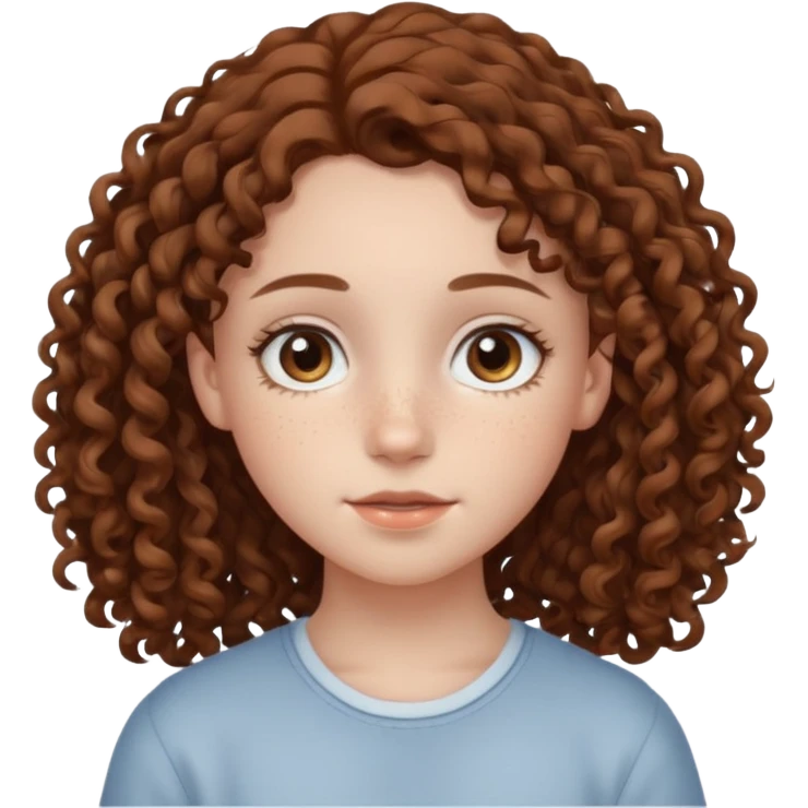 pale teen girl with light grey eyes and brown freckles that has curly hair in a middle part emoji