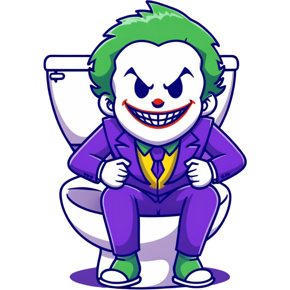 Joker villain sitting on toilet laughing maniacally, green hair, purple suit emoji