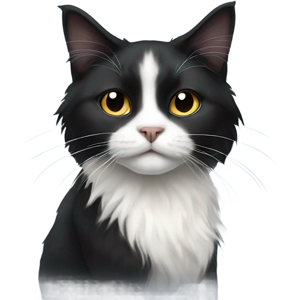 Long haired black and white tuxedo cat with black nose emoji